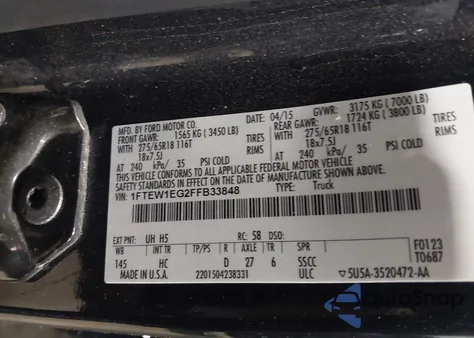 2015 Ford F-150 Lariat z USA, uszkodzony, nr VIN 1FTEW1EG2FFB33848